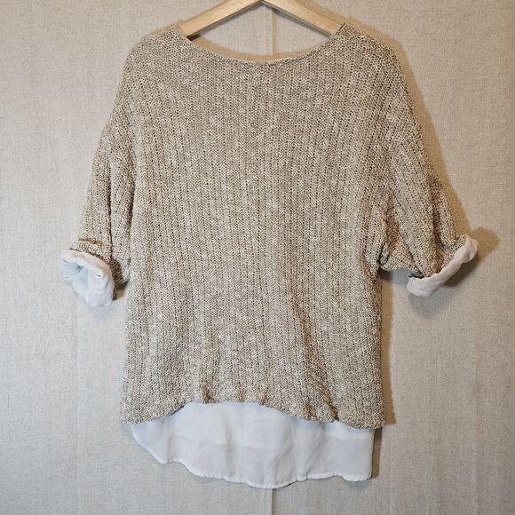 Zara W/B Collection Womens Layered Top Tan Knit Sweater Over Cream Medium *flaw* - Picture 5 of 9